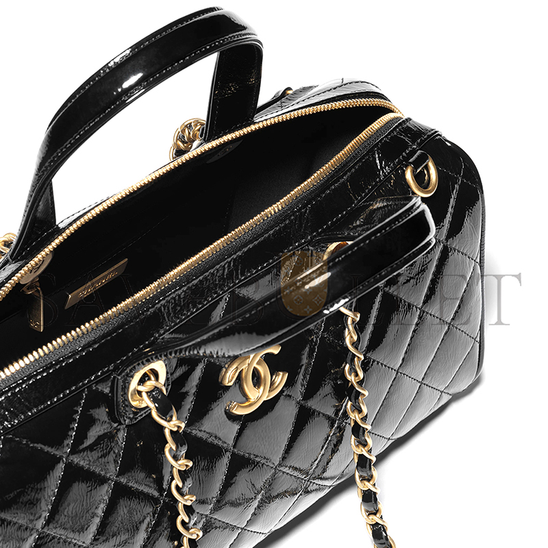 Ch*el large bowling bag patent crumpled calfskin & gold-tone metal black as5579 (31*17*13cm)